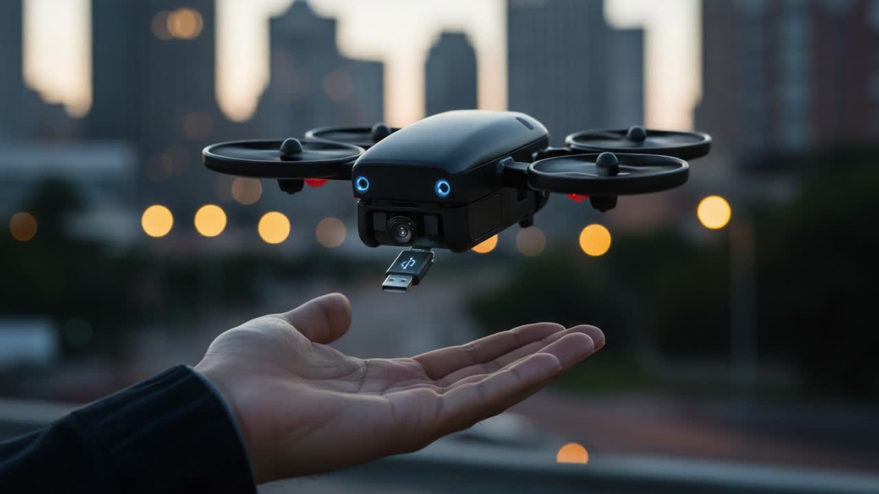 A Hand Reaches for an Innovative Drone, Capturing the Essence of Modern Technology and Urban Connectivity Against a Stunning Cityscape at Dusk