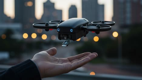 a hand reaches for an innovative drone, capturing the essence of modern technology and urban connectivity against a stunning cityscape at dusk