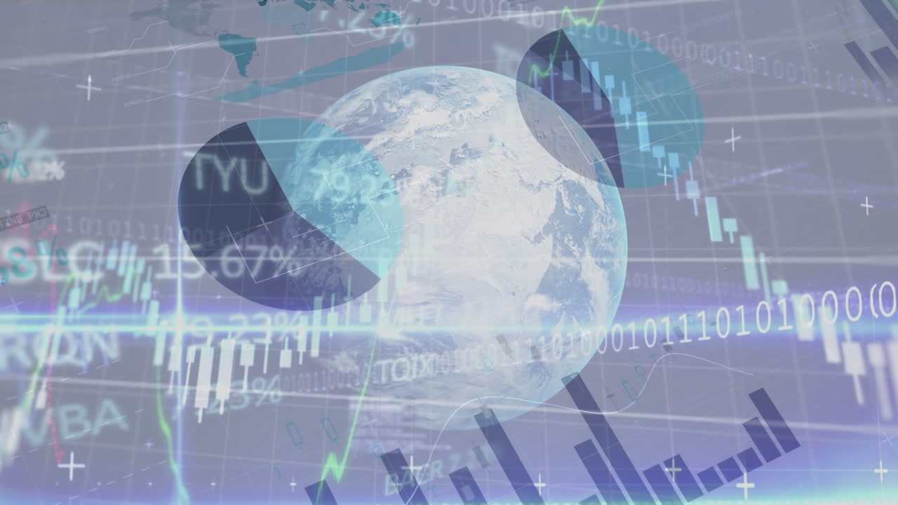 Animação de processamento de dados financeiros sobre globo e grade.