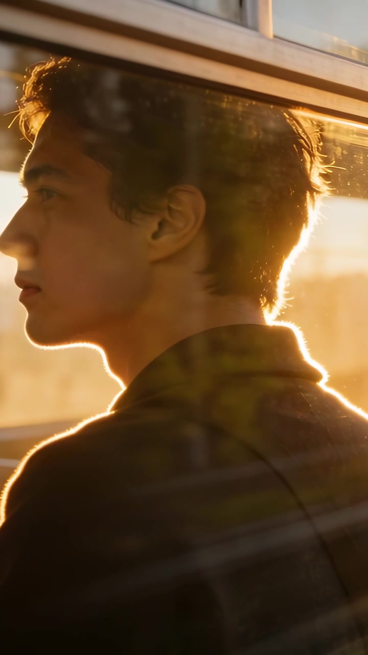 Vertical video: Turning, man in coat gazing out window as sunlight rising, flare moving, copy space