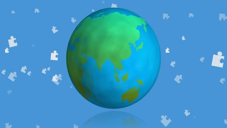 animation of blue and white puzzle pieces falling over globe on blue background