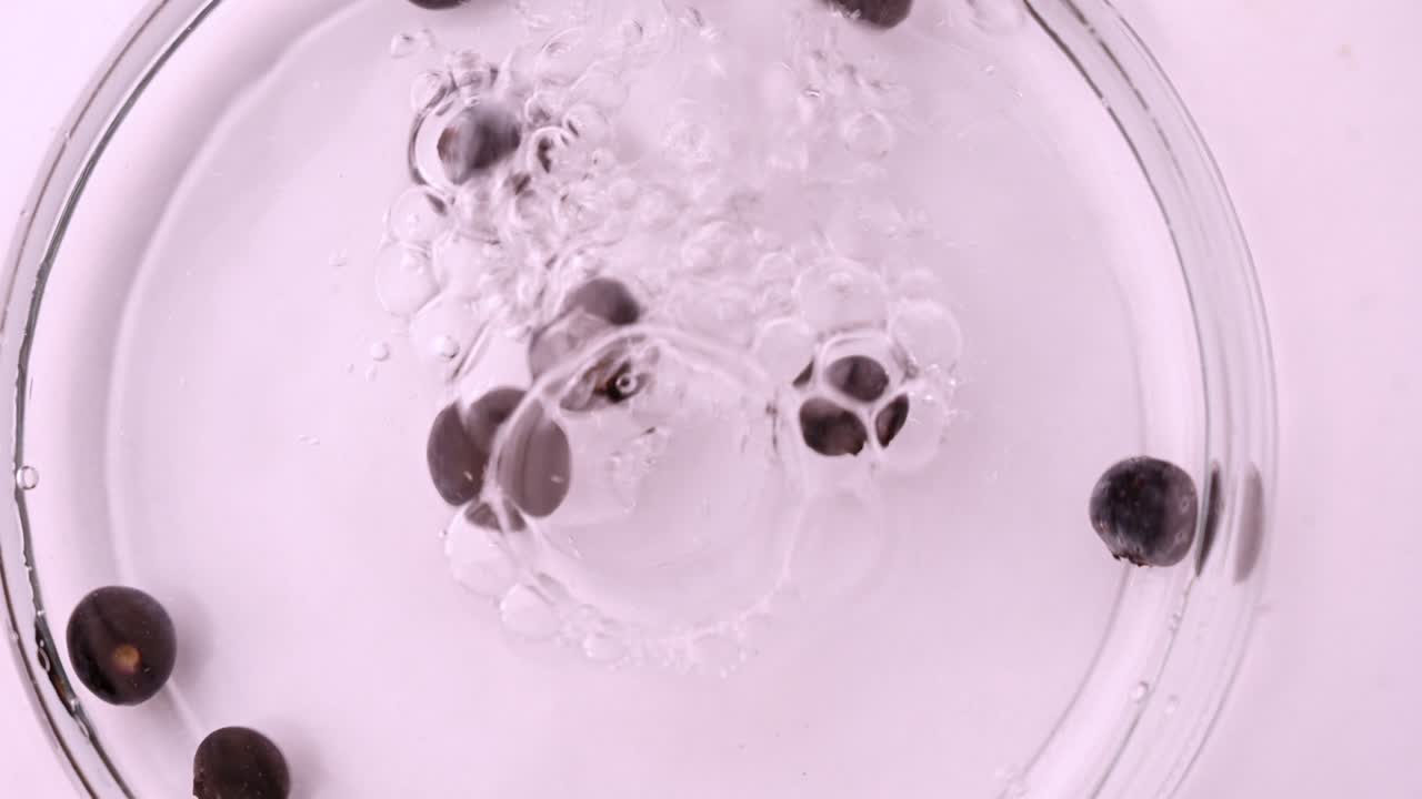 Video of water  falling and splashing into clear bowl with blueberries.