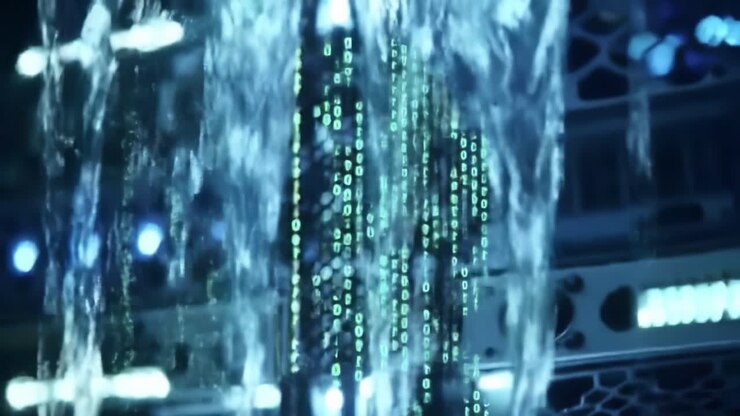 A Captivating Visual Symphony of Digital Data and Waterfall Effects, Merging Technology with Fluid Dynamics in an Artistic Display