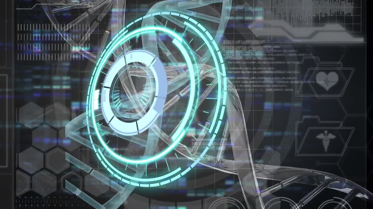 검은색 배경에 있는 dna 가닥 위의 스 ⁇  스캔과 데이터 처리의 애니메이션