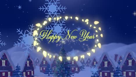 Animation-of-happy-new-year-greetings-text-in-fairy-lights-frame-over-christmas-winter-scenery