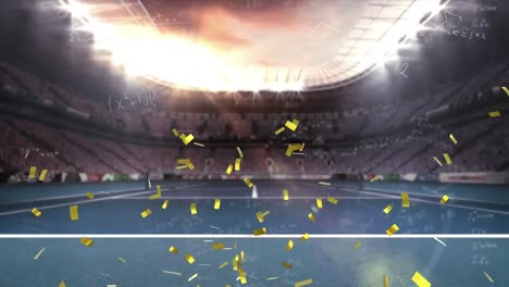 animation of mathematical equations and golden confetti falling against sports stadium