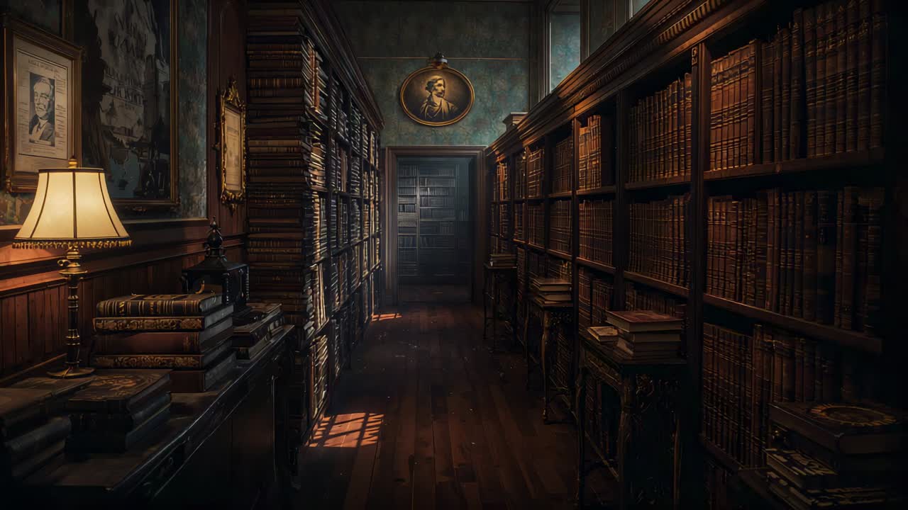 Gliding camera starting forward through library aisle, revealing shelves, lamp, portrait