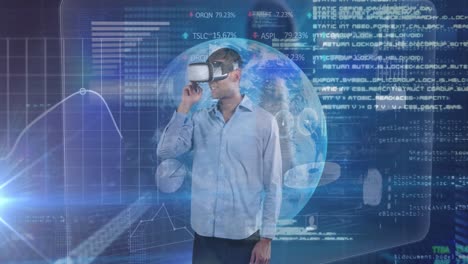 animation of man wearing vr headset and data processing over blue background