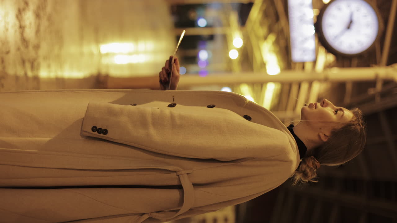 Woman waiting at night train station