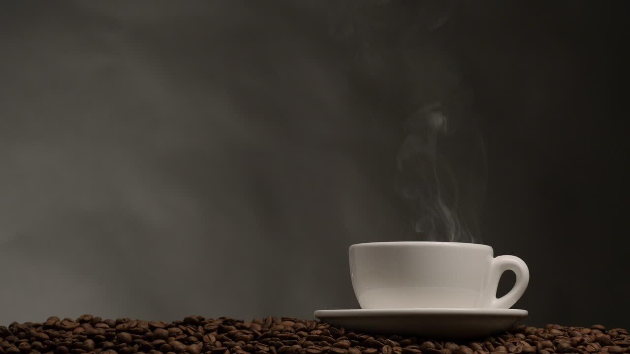 чашка кофе с паром. темный фон с кофейными зернами