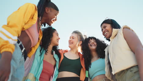 friends, happy and face of group of women outdoors