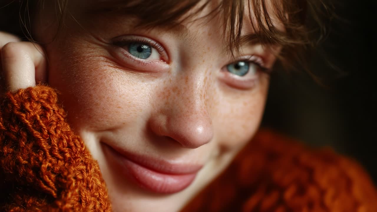 A Close-Up Portrait of a Young Woman with Freckles and a Warm Smile, Featuring Soft Lighting and Nostalgic Vibes, Wrapped in a Cozy Knit Sweater for Autumn Aesthetic