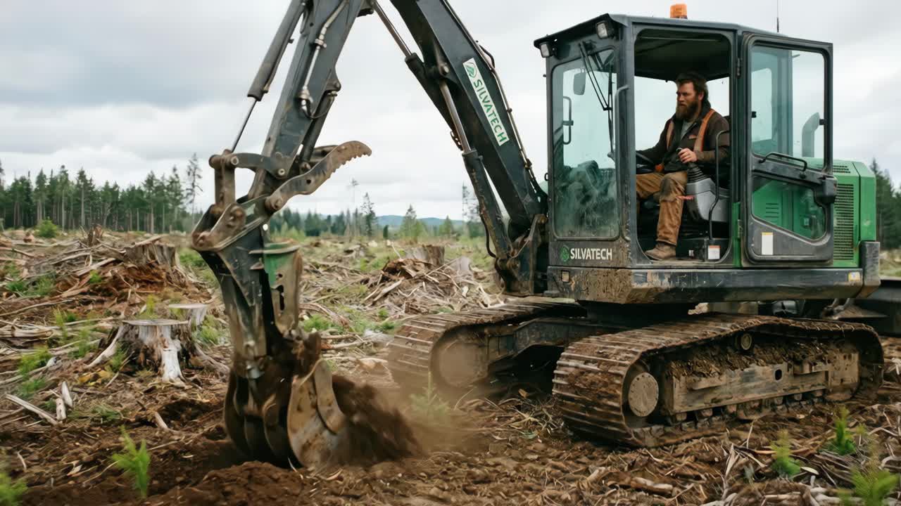Homme utilisant une excavatrice pour planter des jeunes arbres dans une zone déboisée