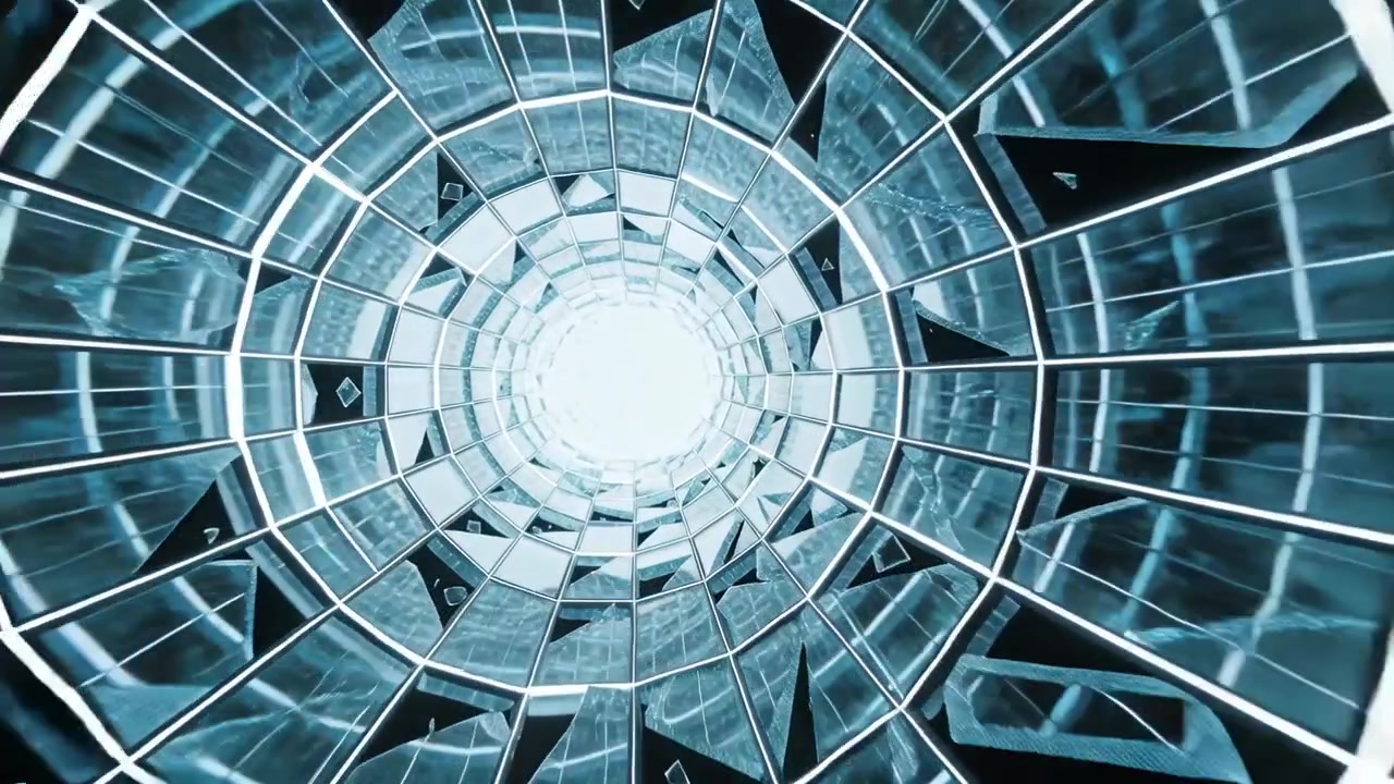 Un túnel de cristal reflectante en movimiento, en espiral hacia una luz brillante en un pozo virtual, con fragmentos flotantes.