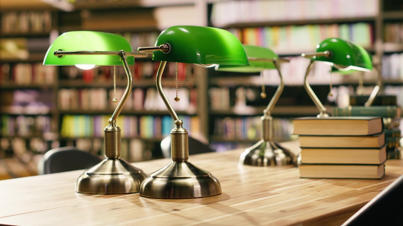 Stack of books placed on wooden library desk beneath green lamps