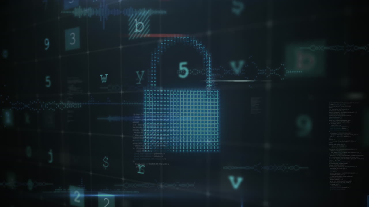 Animation of cloud, lock, shield with letters, numbers and symbols over grid pattern