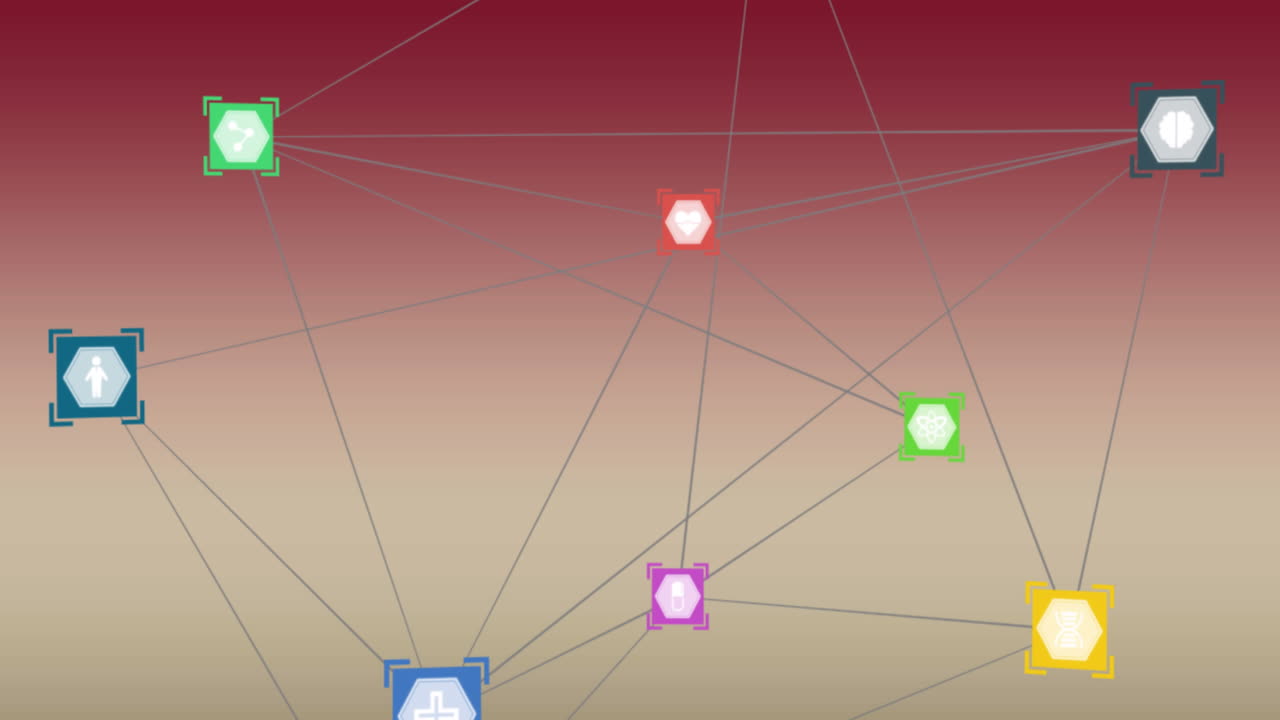 animación de una red de iconos digitales contra un fondo de gradiente rojo