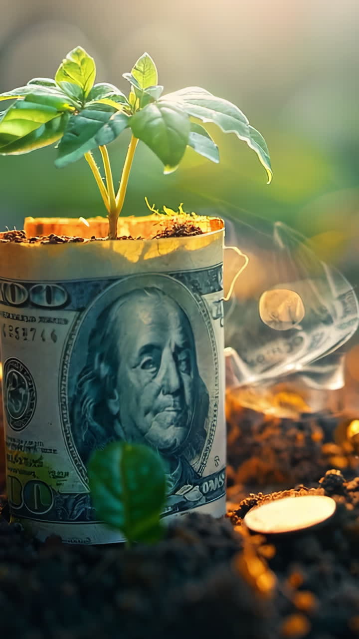 A plant is growing out of a dollar bill. The dollar bill is surrounded by coins. Concept of money growing and the value of money