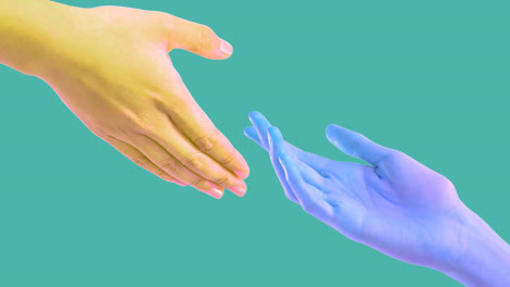 Animation-of-yellow-and-blue-hands-touching-on-green-background