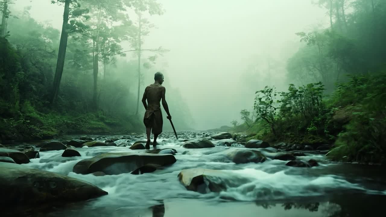 A Man Walks Through a Foggy Jungle River