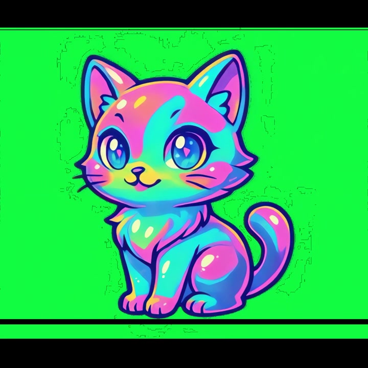 Animated Colorful Kawaii Kitten Illustration on Green Background