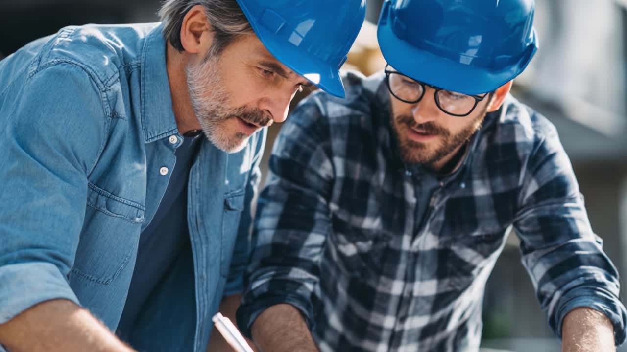 Two Construction Workers Collaborating on Project Plans: A Close-Up of Teamwork, Planning, and Design Mechanics in a Construction Setting