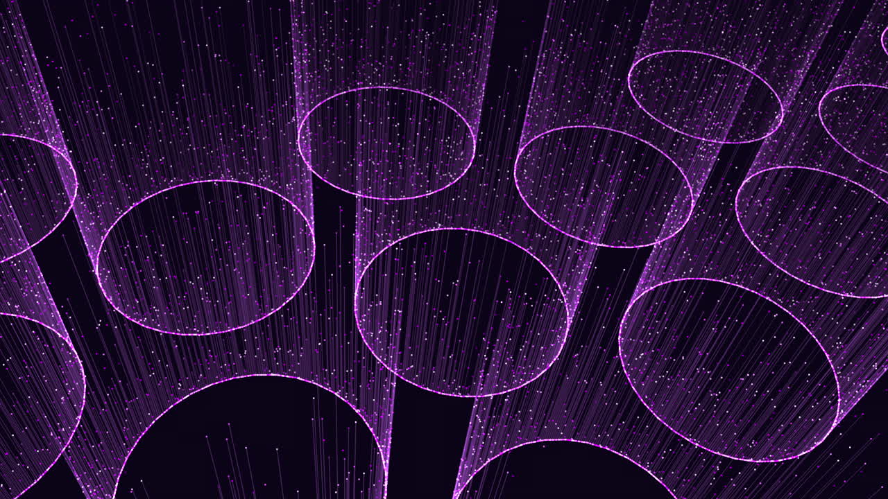 Abstract futuristic footage of purple neon rings with falling particle trails on a dark background, ideal for technology, data, network, and digital motion design