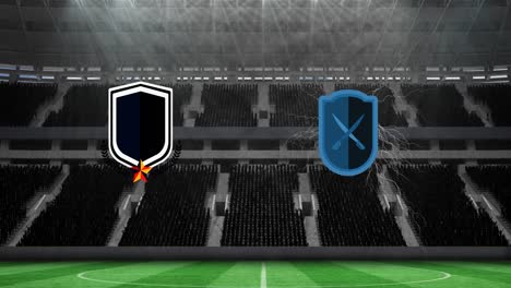 animación de dos emblemas de equipos sobre un estadio deportivo