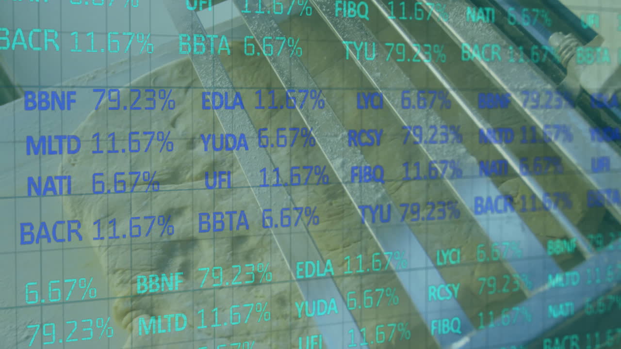 Stock market data animation over cityscape with skyscrapers and buildings