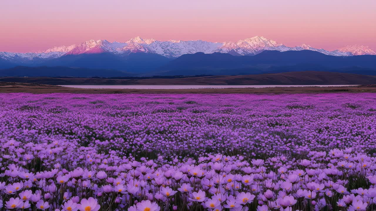 A stunning wide-angle video shot of a vast purple flower field at sunset, with majestic snow-capped