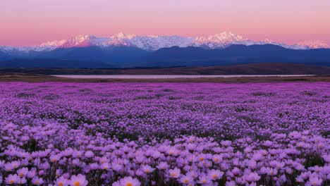 a stunning wide-angle video shot of a vast purple flower field at sunset, with majestic snow-capped