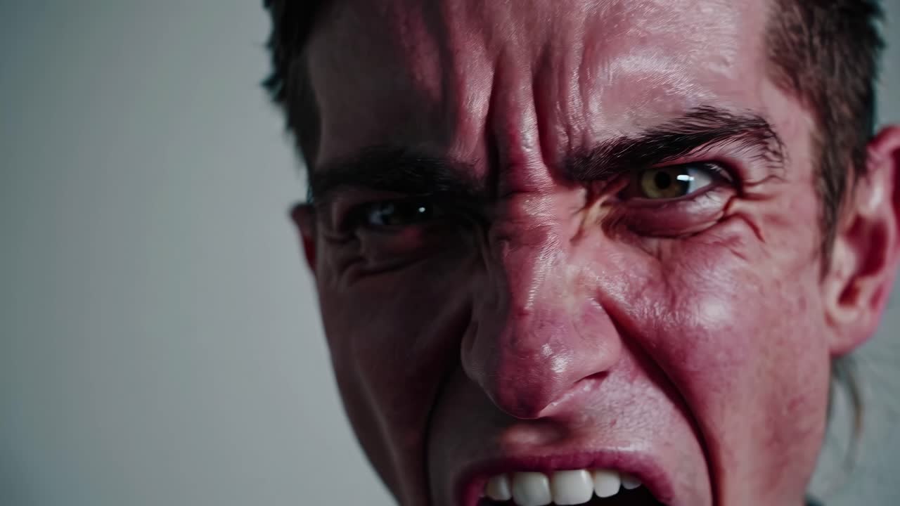 Close-up video shot of a man's intense, furrowed brow and eyes, capturing raw emotion