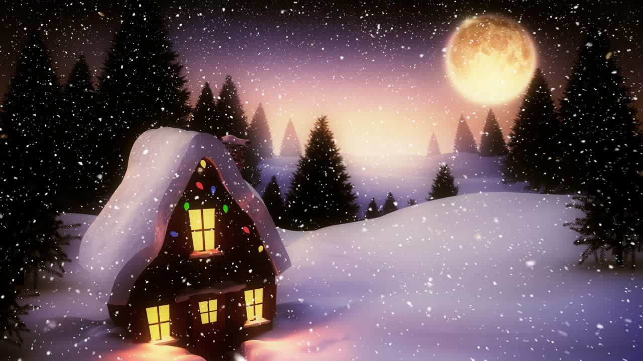 animación de nieve cayendo sobre la casa decorada con luces de hadas navideñas y luna