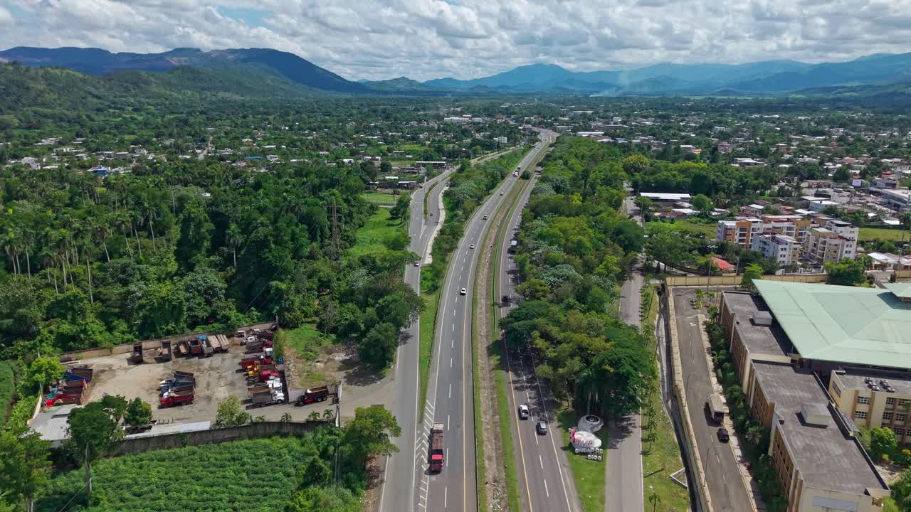 Duarte Highway Passing Through Bonao, In The Province Of Monseñor Nouel, Dominican Republic - Drone Shot