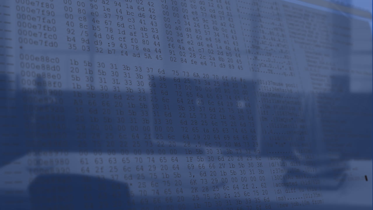 Animation of changing letters and numbers over unoccupied chair and desktop on desk in office