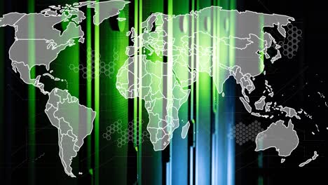animación del procesamiento de datos con el mapa del mundo a través de servidores informáticos.