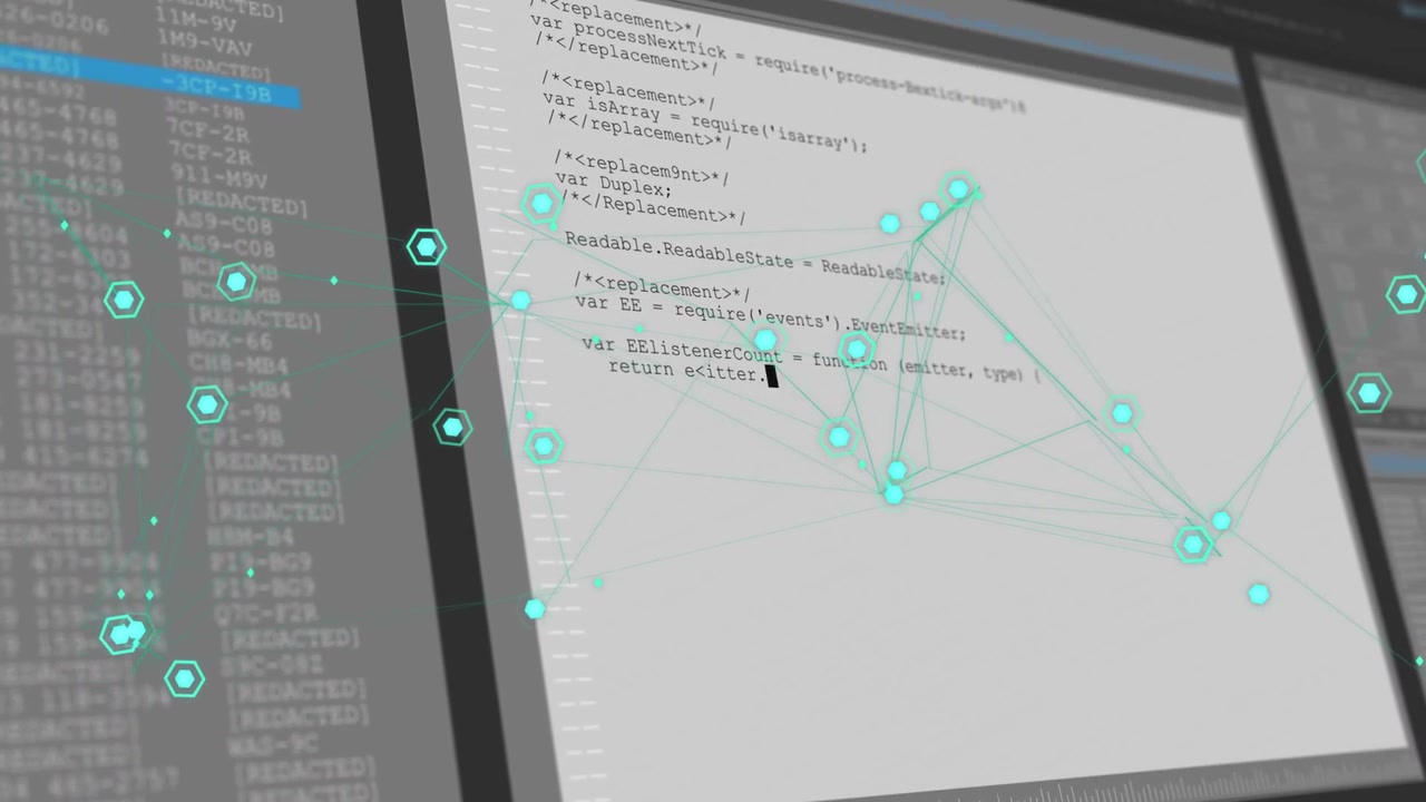 Kamera panorerer mot høyre, skrivebordsmonitor viser JavaScript-kode med turkise noder som visualiserer dataflyt