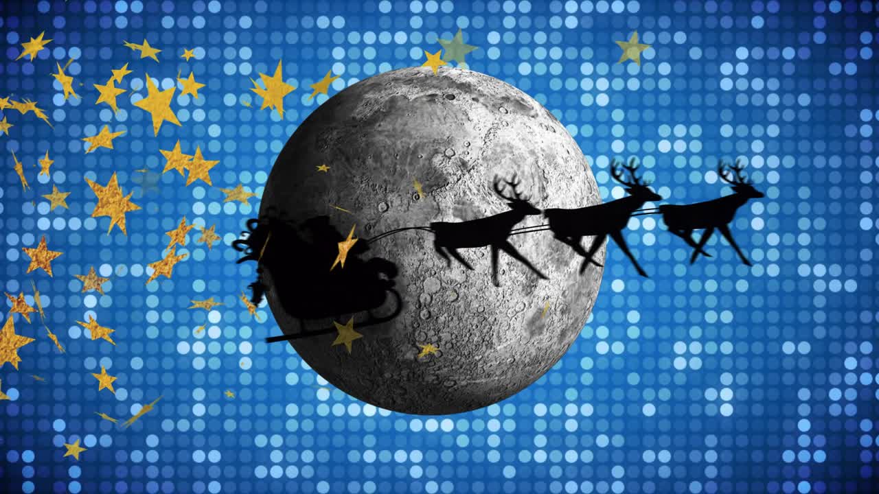 Stars drifting from left causing sleigh with reindeer gliding past textured moon tracing path