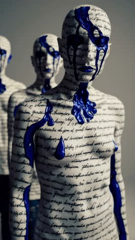 sculptural figures with textured writing and blue liquid