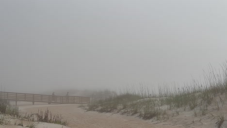 people walking across ocean walkway into foggy beach and sand dunes