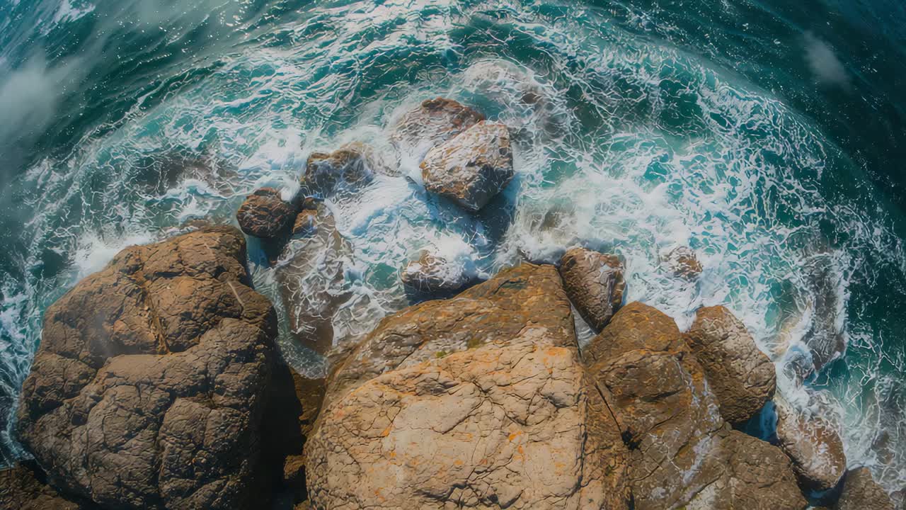Marea in arrivo che spinge onde turchesi che si infrangono su massi color sabbia sulla costa rocciosa, con schiuma e riflusso