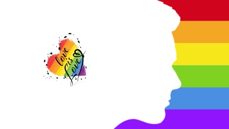 Animation-of-profile-of-human-head-and-love-is-love-text-over-rainbow-stripes