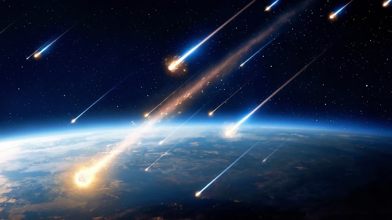Meteorsværm suser gennem atmosfæren over jordens horisont med flere lyse ildkugler og glødende spor
