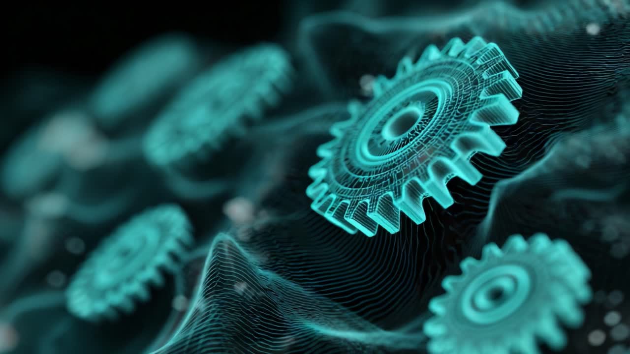 Futuristic teal digital wireframe gears rotating and floating over an abstract undulating data landscape representing technological concepts like automation, engineering, and digital transformation