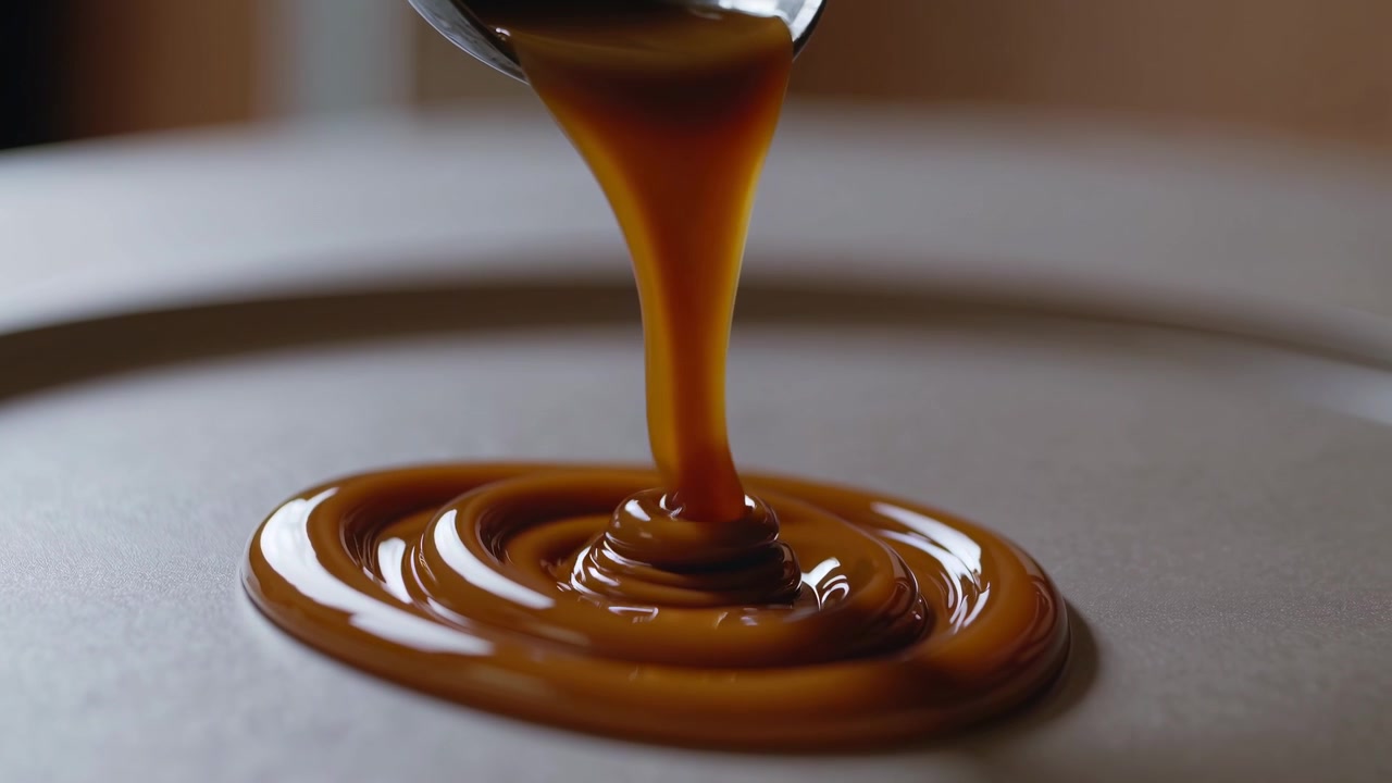 Primo piano di ricca salsa al caramello che cola e si mescola