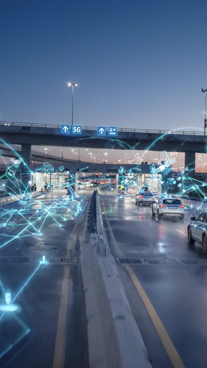 Flusso di traffico e misure di sicurezza in un moderno casello urbano con segnali illuminati che dirigono i veicoli nelle condizioni di crepuscolo serale.