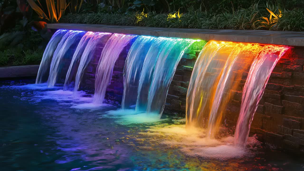 Colorful Illuminated Waterfalls in a Backyard Garden