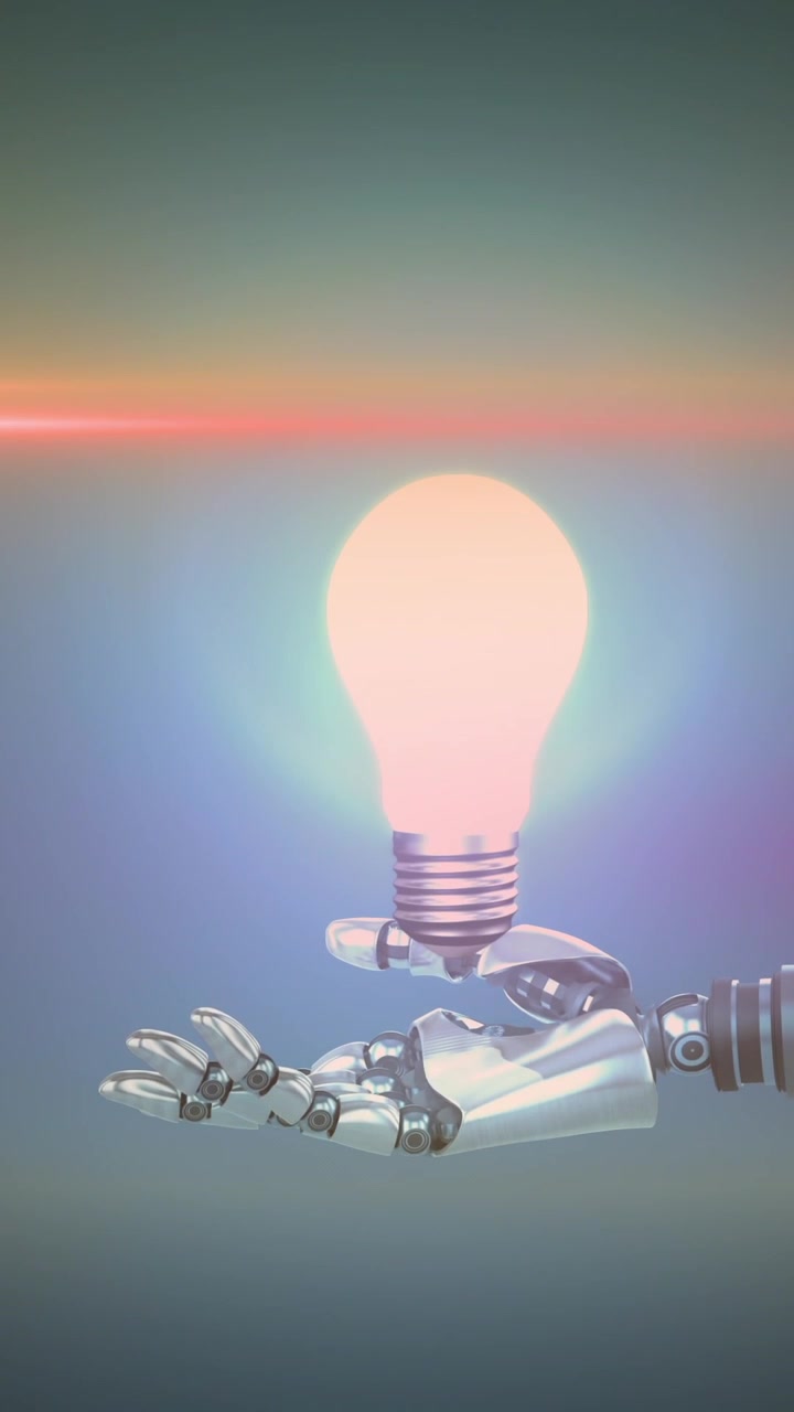 Animazione di una lampadina illuminata sulla mano di un braccio robotico, con fasci di luce arancione e rosa su sfondo grigio.