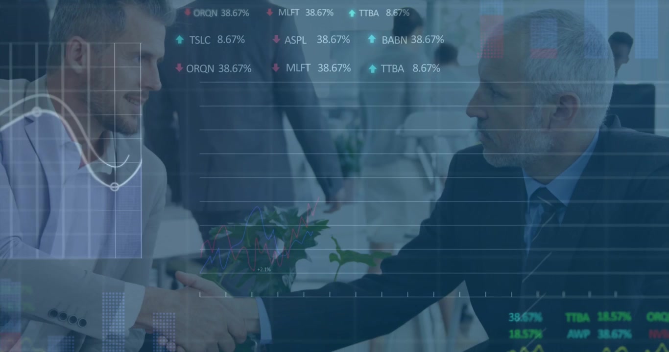 Animation of financial data processing over business people working in office