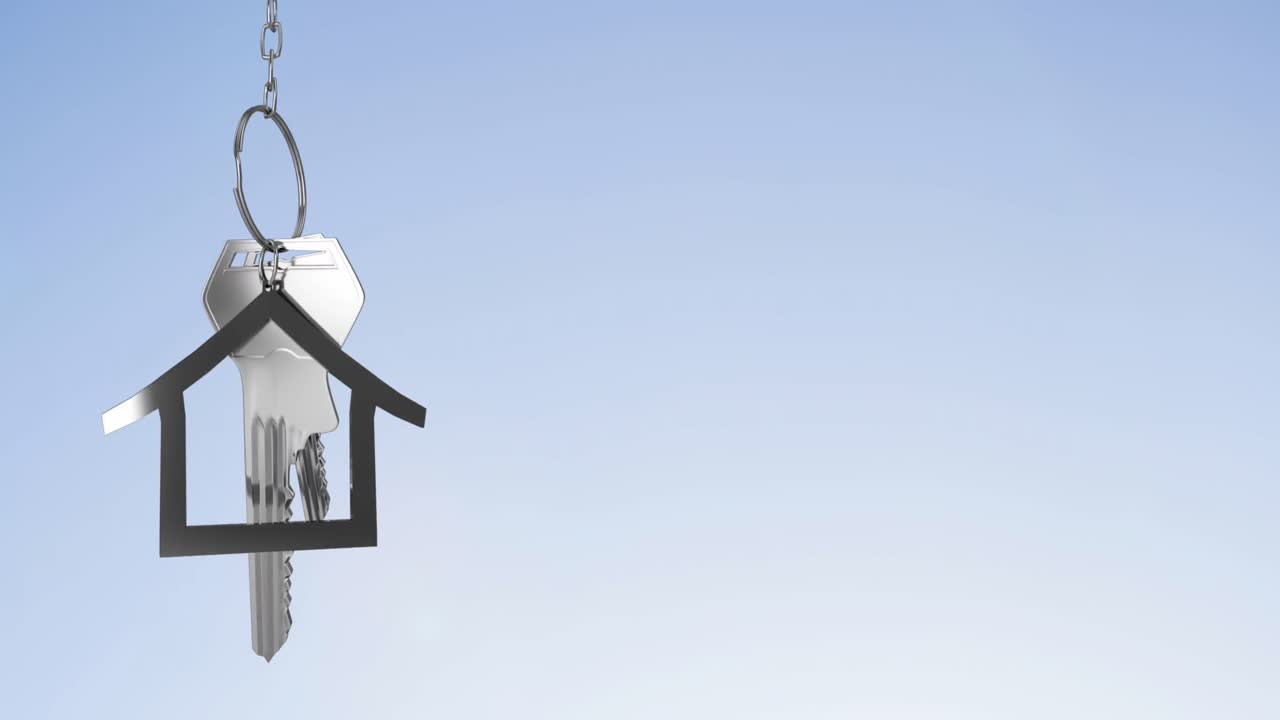 animación de las llaves de la casa de plata contra el espacio de copia en un fondo de gradiente azul